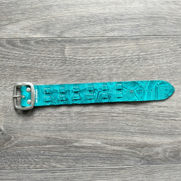 Vintage Billy Kirk Leather Turquoise Wide Cuff Bracelet 90's - Picture 1 of 10